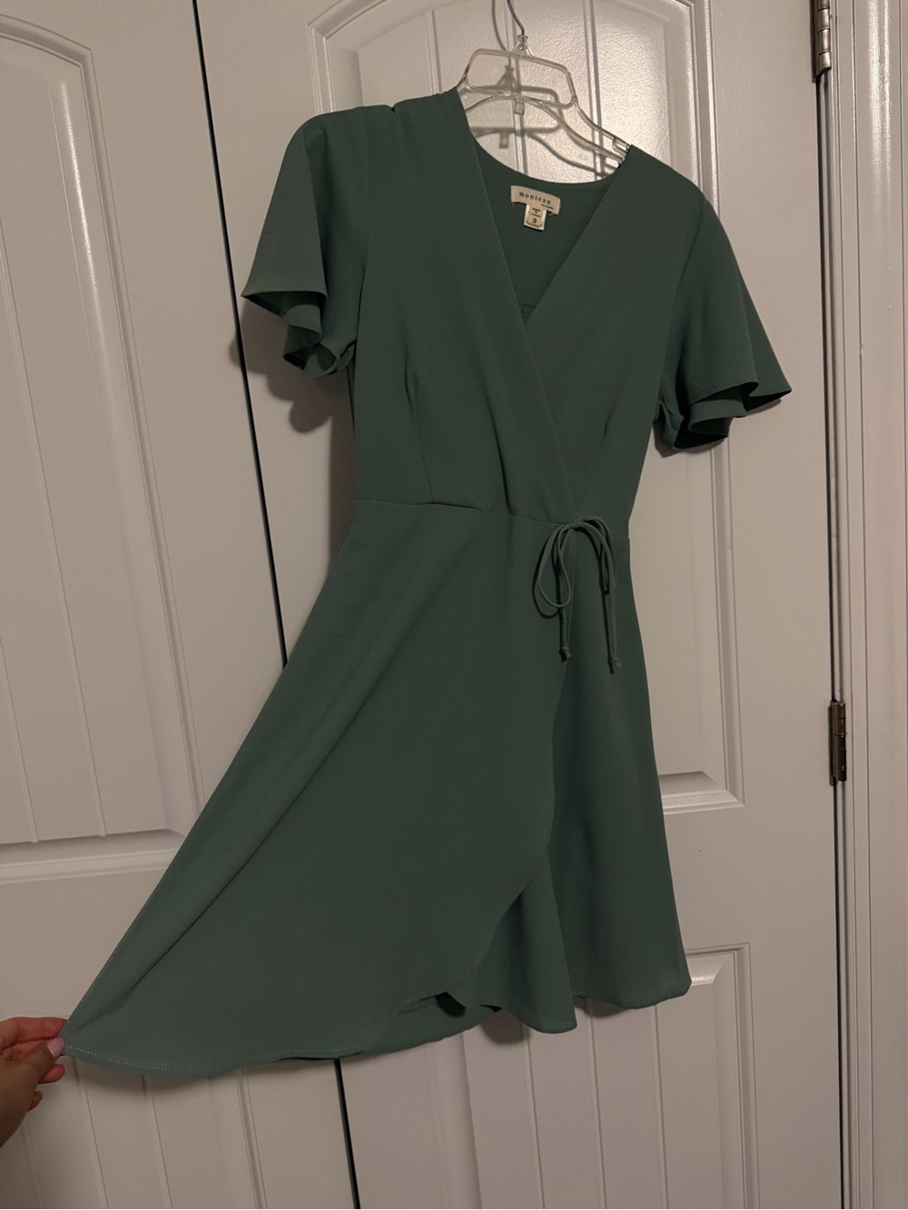 Green Wrap Flutter-Sleeve Dress